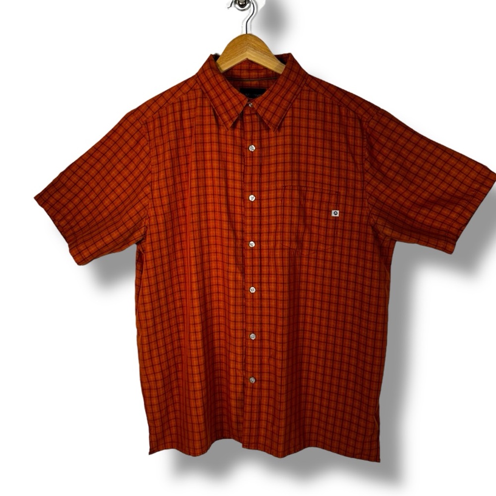 Marmot Eldridge Hiking Outdoor Button Front Shirt, Orange Check Plaid, Size L